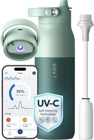 LARQ Bottle PureVis 2 34 oz - UV Water Purifier with Self-Cleaning + App Hydration Tracking, Insulated Stainless Steel Water Bottle | Reusable & Travel Friendly, 1-Year Warranty, Obsidian Black in Saudi Arabia