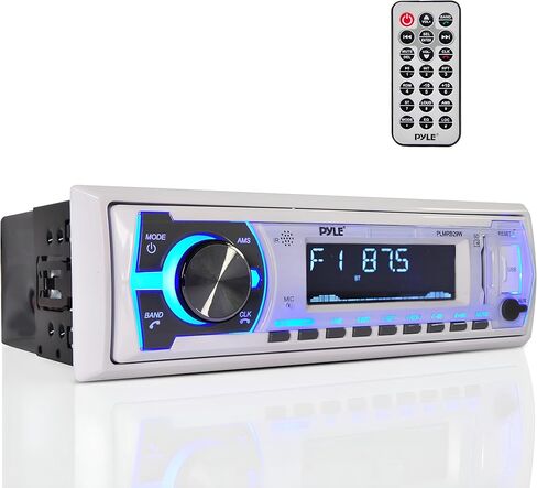 Pyle Marine Bluetooth Stereo Radio - 12v Single DIN Style Boat In dash Radio Receiver System with Built-in Mic, Digital LCD, RCA, MP3, USB, SD, AM FM Radio - Remote Control - PLMRB29W (White) in Saudi Arabia