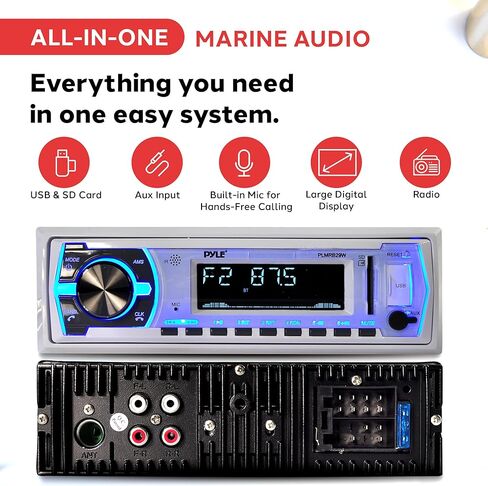 Pyle Marine Bluetooth Stereo Radio - 12v Single DIN Style Boat In dash Radio Receiver System with Built-in Mic, Digital LCD, RCA, MP3, USB, SD, AM FM Radio - Remote Control - PLMRB29W (White) in Saudi Arabia
