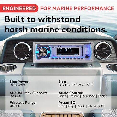 Pyle Marine Bluetooth Stereo Radio - 12v Single DIN Style Boat In dash Radio Receiver System with Built-in Mic, Digital LCD, RCA, MP3, USB, SD, AM FM Radio - Remote Control - PLMRB29W (White) in Saudi Arabia