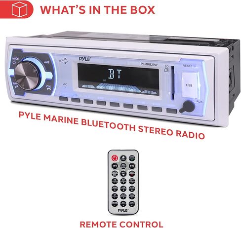 Pyle Marine Bluetooth Stereo Radio - 12v Single DIN Style Boat In dash Radio Receiver System with Built-in Mic, Digital LCD, RCA, MP3, USB, SD, AM FM Radio - Remote Control - PLMRB29W (White) in Saudi Arabia