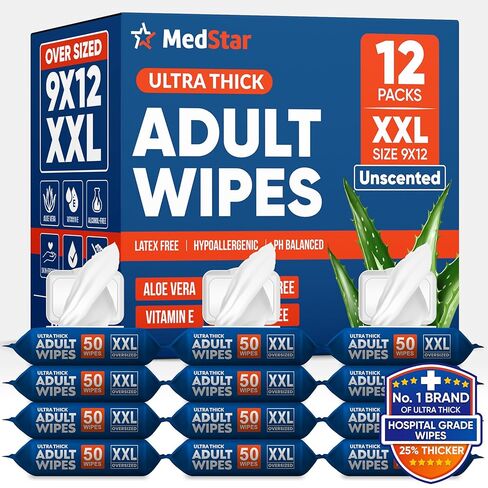 مناديات البالغة كبيرة 9 "x12"-مناشفات سميكة يمكن التخلص منها للرعاية المسنين والاستحمام البديلة-خالية من العطور مع الوجه-4 حزم + 8 مناديل السفر in Kuwait