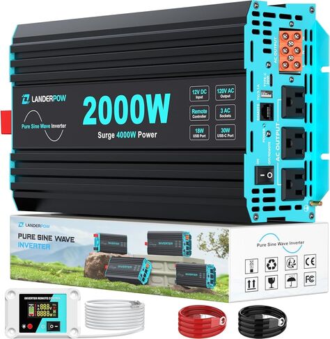 Pure Sine Wave Inverter 2000 Watt, 12V DC to 120V AC Inverters for RV, Truck, Solar, Home, Power Inverter with 3 AC Outlet, 30W USB-C, 5V 3.1A USB, Hardwire Port, Remote Control, Surge 4000W in Saudi Arabia