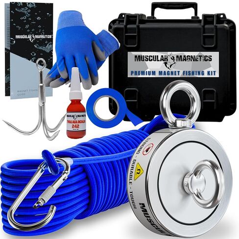 1325lb Double Sided Fishing Magnet Bundle Pack - Includes 6mm 100ft High Strength Nylon Rope with Carabiner, Non-Slip Nylon Gloves, Threadlocker, Grappling Hook & Tape (Complete Kit) in Saudi Arabia