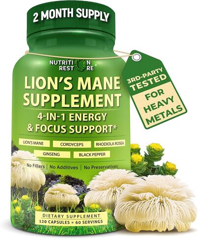 كبسولات مكملات Mane Mane العضوية - تحتوي على نسخ بيتا والسكريات التي تحدث بشكل طبيعي ، معززة بمزيج دعم الطاقة والتركيز العضوي: Cordyceps ، Rhodiola Rosea ، Ginseng ، 120 Count in Kuwait