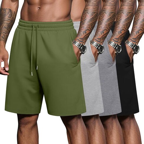 Neer 4 Pack Men's Bermuda Athletic Shorts Casual High Waist Shorts with Pockets Workout Cotton Drawstring Knee Length Shorts in Kuwait