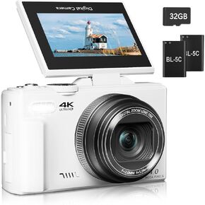 كاميرا رقمية للتصوير الفوتوغرافي، كاميرا تسجيل فيديو بدقة 4K لليوتيوب، شاشة قلاب 3 بوصة 180 درجة، تكبير رقمي 18X، كاميرا ريترو مدمجة مع بطاقة TF سعة 32 جيجابايت وبطاريتين، أسود in Kuwait