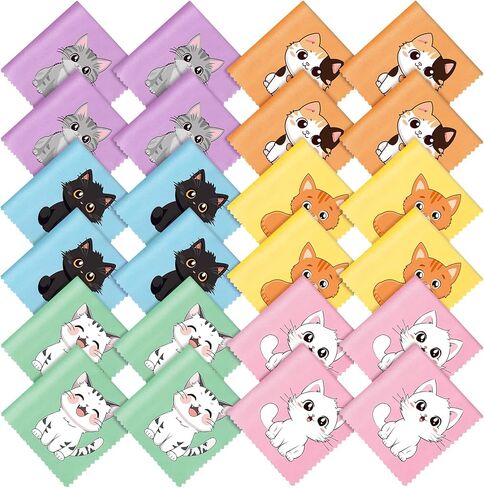 BRELING 24 Pack Microfiber Cleaning Cloths Cute Kitty Cat Design Gift ناعمة متعددة الألوان نظافة القماش ينظف العدسات والشاشات والكاميرات والنظارات والهاتف الخلوي وشاشات تلفزيون LCD والمزيد in Kuwait