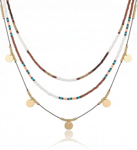 RINHOO FRIENDSHIP Bead Choker Necklace for Woman Bohemian Beaded Layered Summer Necklace Adjustable Beach Jewelry for Woman in Kuwait