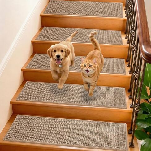 Linen Stair Treads for Wooden Steps Indoor 36x9 inch, 15pcs Upgraded Self Adhesive Backing Non Slip Stair Carpets, Peel and Stick Stair Runner Rugs, Reusable Staircase Step Treads(Beige) in Kuwait