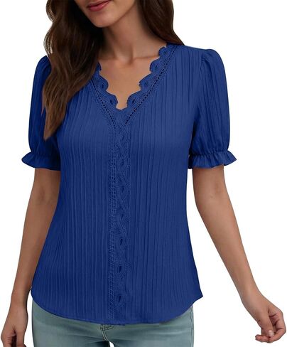 Women T Shirt V Neck Short Sleeve Lace Trim Top Dressy Casual Shirts Elegant Blouse Trendy Summer Tunic Soft Tshirts in Kuwait