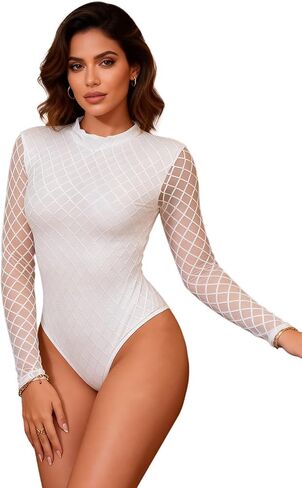 Womens Long Sleeve Bodysuit Mesh Turtle Neck Body Suits Tops One Piece Leotard Shirt Going Out Tops S-2XL in Kuwait