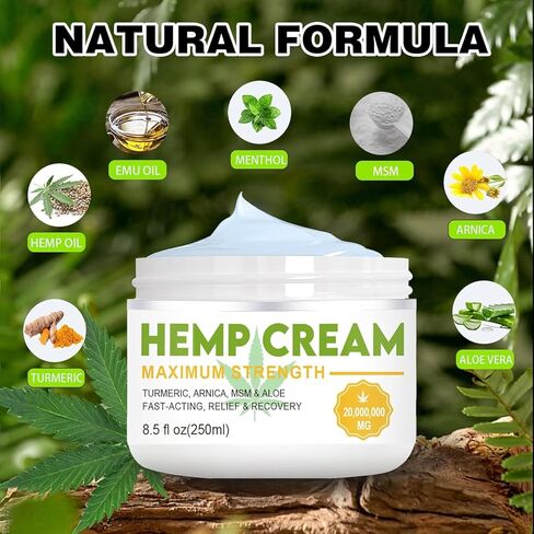 كريم القنب الطبيعي مع زهرة العطاس، وميثيل سلفونيل الميثان، والكركم، وزيت الإيمو، والمنثول، والصبار - كريم القنب القوة القصوى لعدم الراحة في العضلات والظهر والوركين والمفاصل والركبتين والمرفقين - 8.5 أونصة سائلة in Kuwait