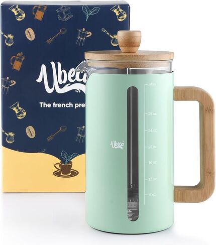 34oz Large aestethic french press coffee maker, with wood handle & plunger head, stainless steel heat keeper shell, Replaced filters & borosilicate glass, mint green. Longlasting easy to use in Saudi Arabia