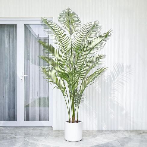 Artificial Palm Tree 6ft, Fake Tropical Palm Tree with White Planter, Faux Areca Palm Tree with Lifelike Leaves & Texture Trunk for Home Office Indoor Outdoor Decor. in Kuwait