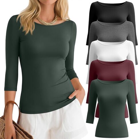 Ficerd 5 Pack 3/4 Sleeve Tops for Women Tight Boat Neck Cotton T Shirts Slim Fit Three Quarter Sleeve Tees Basic Casual Tops in Kuwait