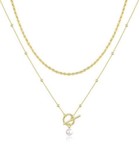 Non Tarnish 14k Gold Plated Layered Necklaces for Women Trendy, Sliver Stackable Dainty Herringbone | Paperclip | Rope | Cuban Chain Necklace Adjustable Jewelry Set Gift for Women in Kuwait