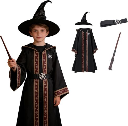 Colorful House Child Dark Wizard Costume for Kids with Hat and Belt and Magic Wand Halloween Party Cosplay in Saudi Arabia