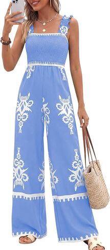 PRETTYGARDEN Womens Jumpsuit Casual One Piece Boho Summer Outfits Shirred Strap Wide Leg Long Pants Rompers With Pockets in Saudi Arabia