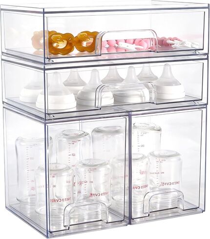 Baby Bottle Organizer, 4 Pack Clear Space-Saving Stackable Drawer with Handle, Baby Bottle Storage Organizer for Countertop and Cabinet in Saudi Arabia
