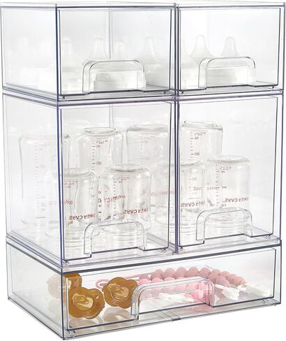 Baby Bottle Organizer, 4 Pack Clear Space-Saving Stackable Drawer with Handle, Baby Bottle Storage Organizer for Countertop and Cabinet in Saudi Arabia