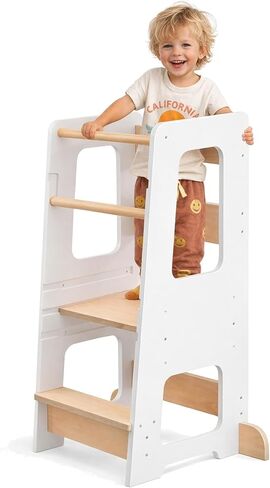 Toddler Tower for Kids, Adjustable Wooden Standing Tower & Kitchen Step Stool, Anti-Tip Montessori Tower with Removable Safety Rails & Non-Slip Steps - Sustainable Reclaimed Wood (White) in Kuwait