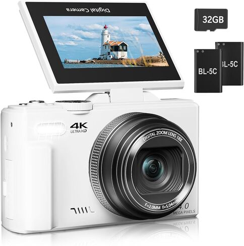 كاميرا رقمية للتصوير الفوتوغرافي، كاميرا تسجيل فيديو بدقة 4K لليوتيوب، شاشة قلاب 3 بوصة 180 درجة، تكبير رقمي 18X، كاميرا ريترو مدمجة مع بطاقة TF سعة 32 جيجابايت وبطاريتين، أسود in Kuwait