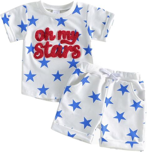 Toddler Boy 4th of July Outfit Baby Boy American Flag Embroidery T Shirt Shorts Set Fourth of July Summer Clothes in Saudi Arabia