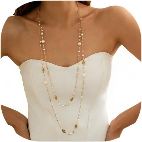 Long Gold Pearl Necklaces for Women Trendy Dainty Layered Pearl Statement Strand Chain Fashion Jewelry Gift Sweater Accessories in Kuwait