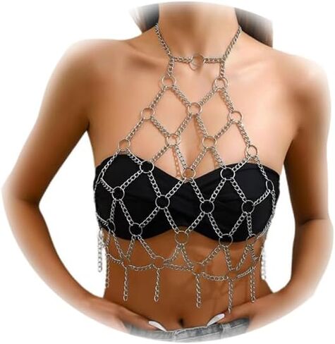 Punk Multilayer Mesh Top Circle Cross Chain Halter Chest Chain Bikini Harness Body Chain Sexy Party Clubwear Body Jewelry for Women in Kuwait