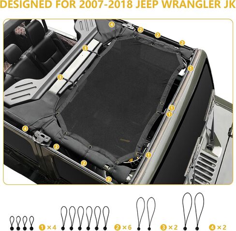 JK Sunshade Mesh Top Sun Shade Top for Jeep Wrangler Accessories Bikini Top Compatible with Jeep Wrangler, JK JKU 2007-2018 4 Door-Blocks UV Wind Noise Star (2/4Door-Non-Standardized) in Kuwait