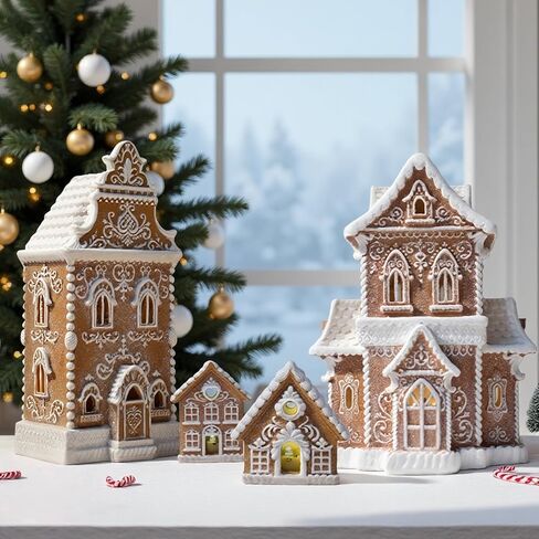 تماثيل Braxio Gingerbread House لعيد الميلاد القابلة للجمع - بيت خبز الزنجبيل لعيد الميلاد من الراتنج مع ضوء LED لقرية عيد الميلاد وديكورات حفلات الكريسماس ديكور طاولة داخلي, 9.5 * 9.5 * 16.5 بوصة in Kuwait