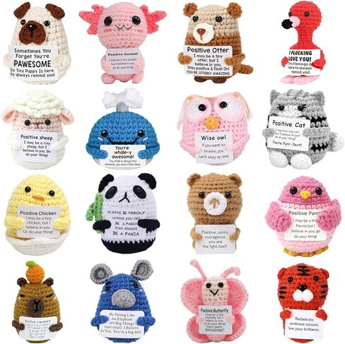 16 Pcs Cute Crochet Doll with Positive Card Crochet Bulk Soft Wool Animals Creative Knitting Dolls for Appreciation Gifts Birthday Decoration Encouragement Support in Saudi Arabia