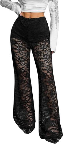 SOLY HUX Women's Lace Sheer Wide Leg Pants Elastic Waist See Through Party Trousers in Kuwait