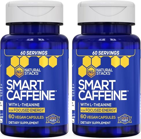 NATURAL STACKS Smart l-theanine Caffeine Pills 60ct - 200mg L-Theanine + 100mg Caffeine - Instant Energy and Focus for Life School & Work - No Jitters and No Crash in Kuwait