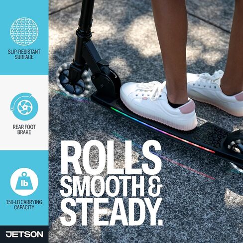 سكوتر جيتسون مارس للأطفال بعجلتين، يتضمن أضواء LED على المقود والجذع والعجلات والسطح، ومقود قابل للتعديل، وفرامل خلفية، وتصميم خفيف الوزن، وآلية سهلة الطي، للأعمار من 5 سنوات فما فوق in Kuwait