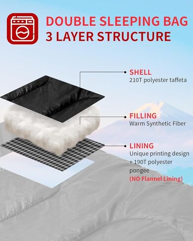 حقيبة نوم مزدوجة من سبورتنير - كيس نوم بحجم كوين لشخصين مع وسادتين للبالغين والأطفال في 3 فصول الطقس البارد الدافئ، مقاومة للماء وخفيفة الوزن للخارج والتخييم وحقيبة الظهر والمشي لمسافات طويلة in Kuwait