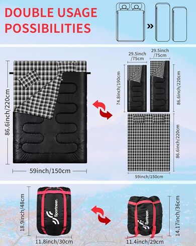 حقيبة نوم مزدوجة من سبورتنير - كيس نوم بحجم كوين لشخصين مع وسادتين للبالغين والأطفال في 3 فصول الطقس البارد الدافئ، مقاومة للماء وخفيفة الوزن للخارج والتخييم وحقيبة الظهر والمشي لمسافات طويلة in Kuwait