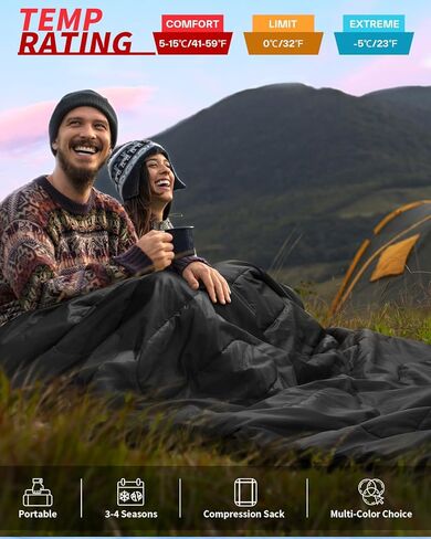 حقيبة نوم مزدوجة من سبورتنير - كيس نوم بحجم كوين لشخصين مع وسادتين للبالغين والأطفال في 3 فصول الطقس البارد الدافئ، مقاومة للماء وخفيفة الوزن للخارج والتخييم وحقيبة الظهر والمشي لمسافات طويلة in Kuwait