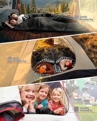 حقيبة نوم مزدوجة من سبورتنير - كيس نوم بحجم كوين لشخصين مع وسادتين للبالغين والأطفال في 3 فصول الطقس البارد الدافئ، مقاومة للماء وخفيفة الوزن للخارج والتخييم وحقيبة الظهر والمشي لمسافات طويلة in Kuwait