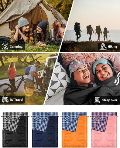 حقيبة نوم مزدوجة من سبورتنير - كيس نوم بحجم كوين لشخصين مع وسادتين للبالغين والأطفال في 3 فصول الطقس البارد الدافئ، مقاومة للماء وخفيفة الوزن للخارج والتخييم وحقيبة الظهر والمشي لمسافات طويلة in Kuwait