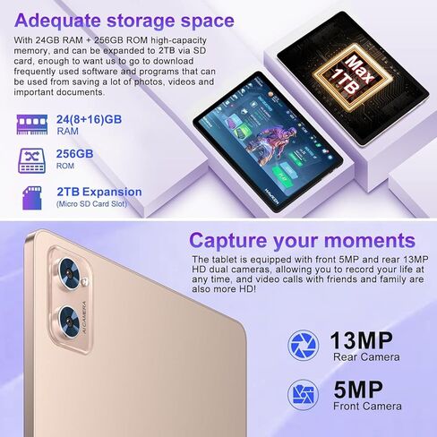 Tablet 11 inch Android 14 Tablets, 24GB RAM 256GB ROM 1TB Expand, Octa-core 8000mAh Battery Tablet PC with 13MP Camera, IPS HD Touchscreen, 5G WiFi, Widevine L1, Bluetooth 5.0, GPS - Rose Gold in Saudi Arabia