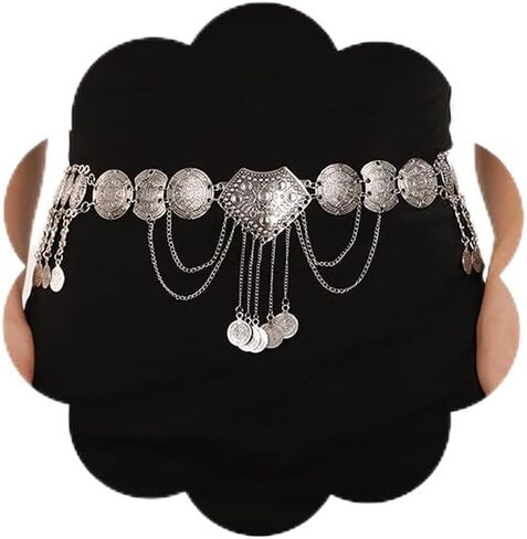 Jumwrit Punk Layered Metal Ceist Chain Long Coin Coin Pendant Tassel Belly Chain Vintage Hollow Carving Belt Rave Boho Beach Beach سلسلة ثقيلة للنساء للنساء in Saudi Arabia