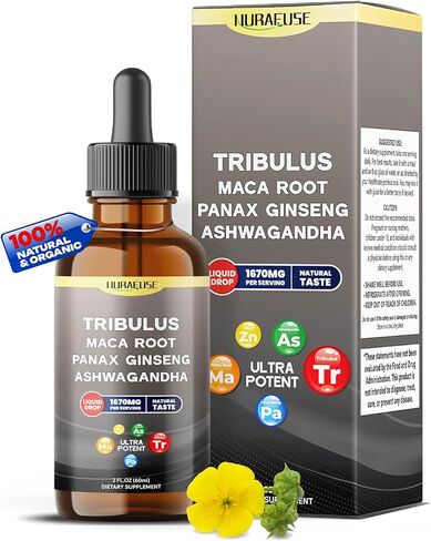 Organic Tribulus ، Maca Root ، Panax Ginseng ، Ashwagandha Liquid Drops - 1670mg لكل وجبة ، طعم قوي ، طعم طبيعي ، مصنوع من الولايات المتحدة ومختبر - 2 أوقية (60 مل) in Kuwait