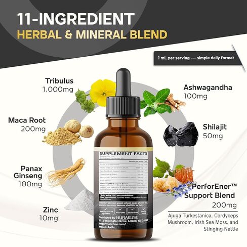 Organic Tribulus ، Maca Root ، Panax Ginseng ، Ashwagandha Liquid Drops - 1670mg لكل وجبة ، طعم قوي ، طعم طبيعي ، مصنوع من الولايات المتحدة ومختبر - 2 أوقية (60 مل) in Kuwait