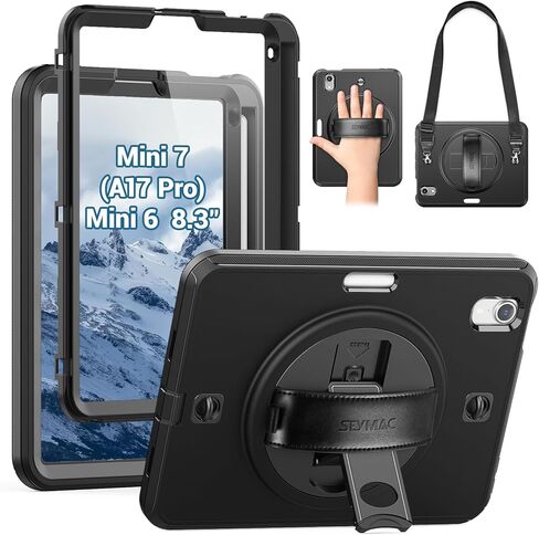 SEYMAC Case for iPad Mini 7 (A17 Pro) 2024/ Mini 6 8.3 Inch, Shockproof Protective Case with Screen Protector, Stand, Hand/Shoulder Strap and Pencil Holder for iPad Mini 7th/6th Generation, Black in Kuwait