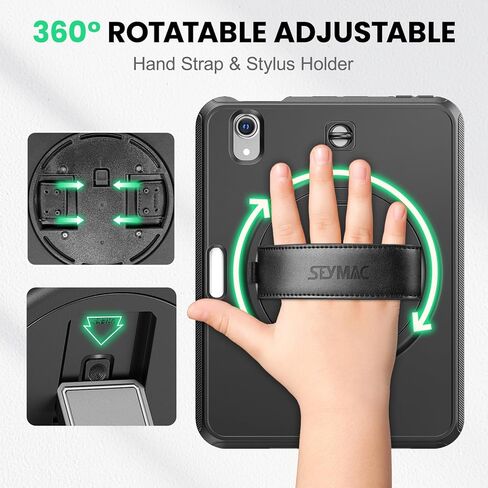 SEYMAC Case for iPad Mini 7 (A17 Pro) 2024/ Mini 6 8.3 Inch, Shockproof Protective Case with Screen Protector, Stand, Hand/Shoulder Strap and Pencil Holder for iPad Mini 7th/6th Generation, Black in Kuwait