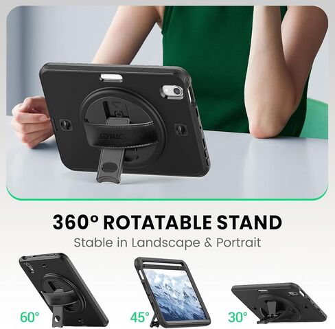 SEYMAC Case for iPad Mini 7 (A17 Pro) 2024/ Mini 6 8.3 Inch, Shockproof Protective Case with Screen Protector, Stand, Hand/Shoulder Strap and Pencil Holder for iPad Mini 7th/6th Generation, Black in Kuwait