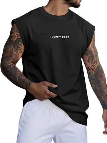 Men's Letter Graphic Workout Tank Tops Crew Neck Sleeveless Top Summer Cut Off T Shirt in Saudi Arabia