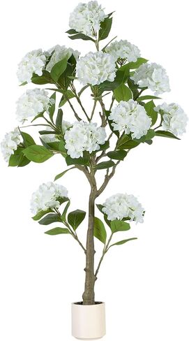 BLOSMON White Hydrangea Artificial Trees: 5ft Fake Silk Plants for Home Living Room Decor Indoor - Faux Hydrangeas with Pot for Front Door Porch Patio Entrance Decoration in Kuwait